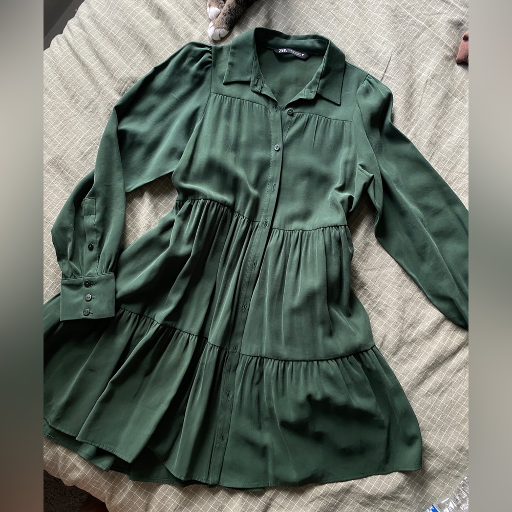 ZARA Green Ruffled Short Dress Button Up